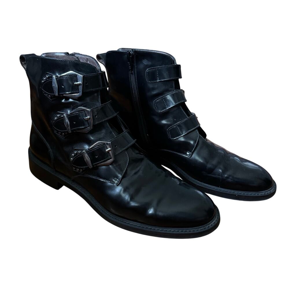 Pertini Women's Black Leather Triple Buckle Ankle Boots EU 40 Moto Combat Boot
